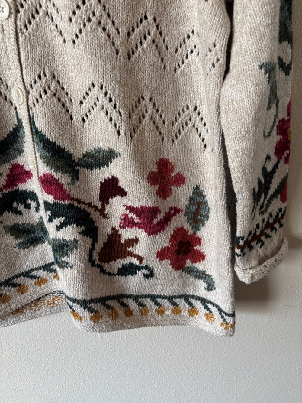 Peruvian Connection Pima Cotton and Alpaca Cream Cardigan Sweater Floral XL - Picture 2 of 10
